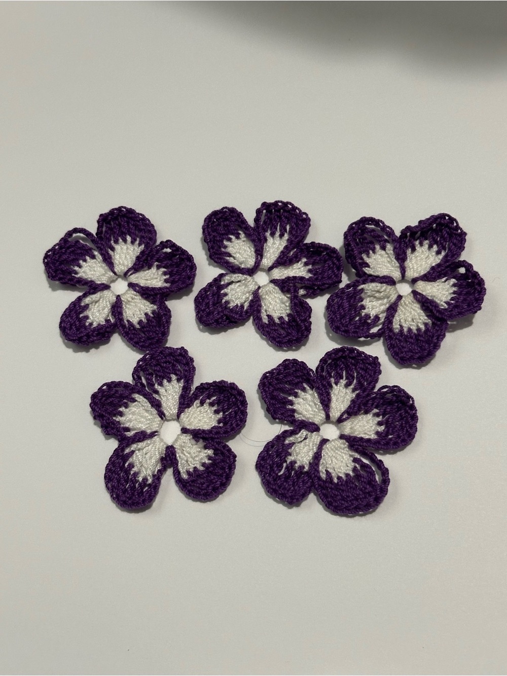 Handcrafted Purple and White Crochet Flower Appliqués - Set of 5